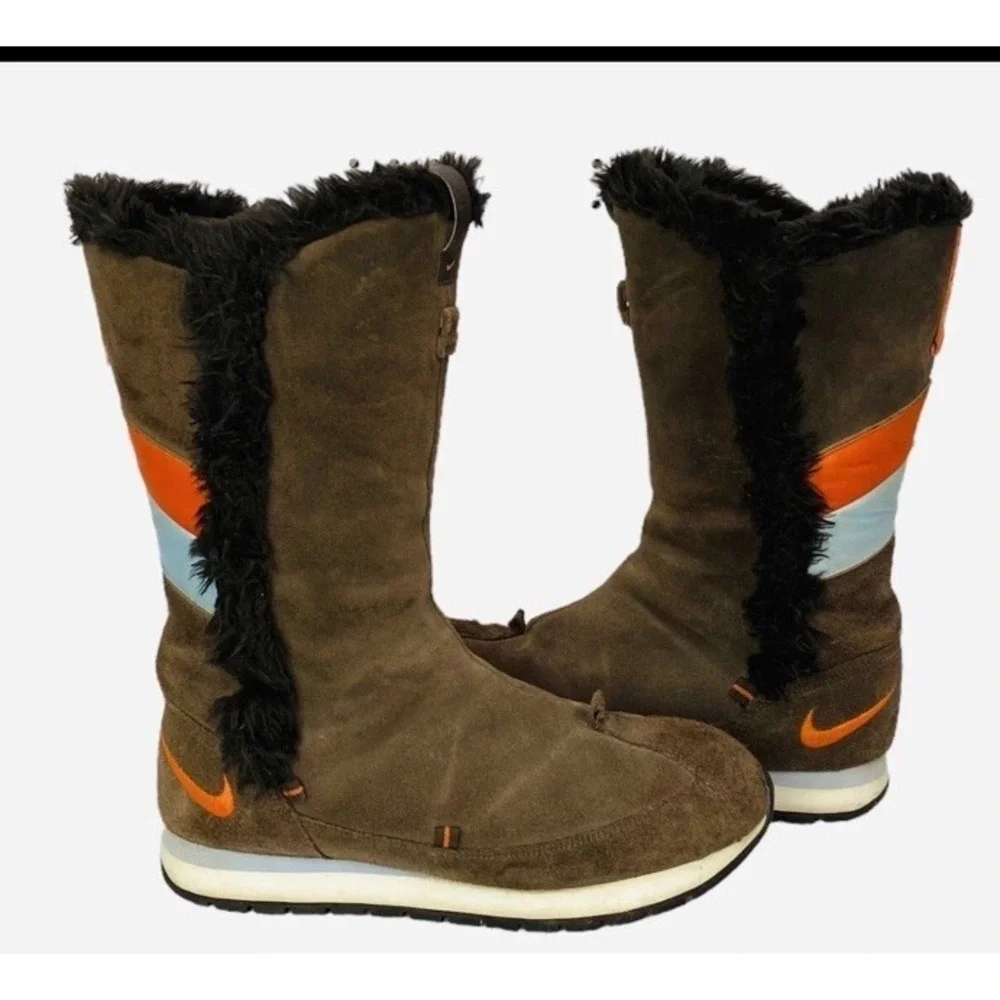 Nike Faux Fur Brown Winter Snow Boots Suede 7 women 311959-281 Swoosh‎ Stripes
